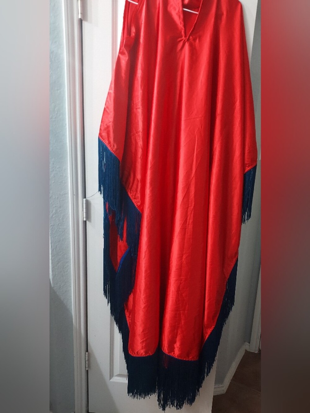 Red Satin Fringe Poncho Cape